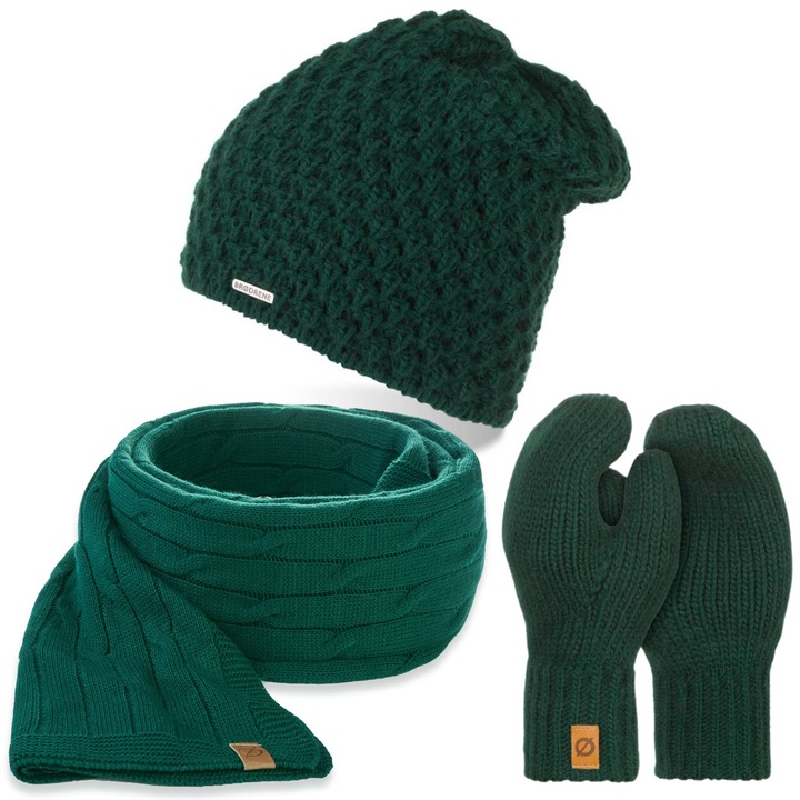Set 3 in 1 dama, Brodrene, Caciula + fular + manusi, Acril, Circumferinta 55-58 cm, Fular 170 x 40 cm, Verde