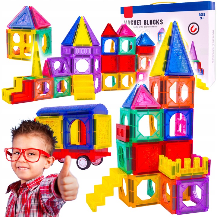 Set 110 piese magnetice de construit educational si creativ pentru copii, SOLTOY® Magnet Blocks, numeroase posibilitati de construire, ideal pentru dezvoltarea creativitatii