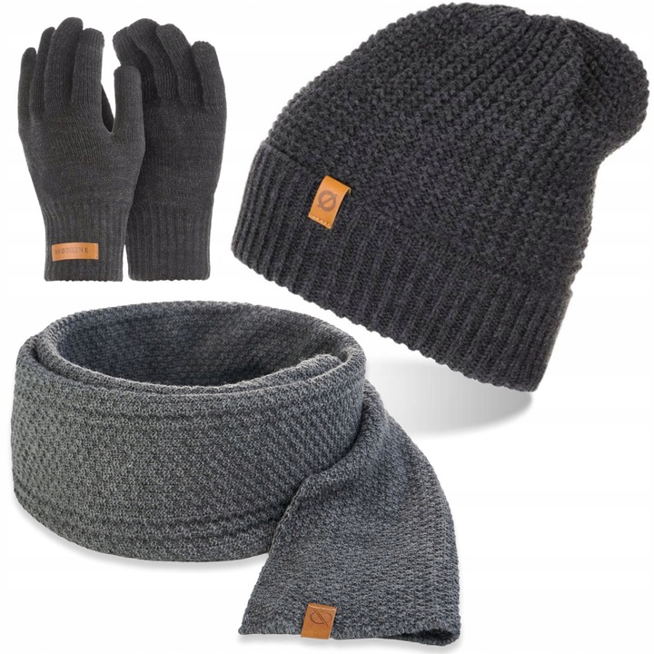 Set caciula cu fular si manusi barbati Brodrene, Acril, Gri inchis
