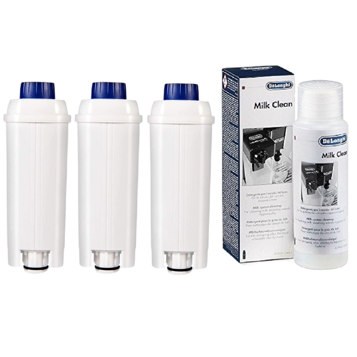 Kit intretinere espressor, DeLonghi, 3 x Filtru Aqualogis AL-S002, Detergent sistem lapte Milkclean 250 ml