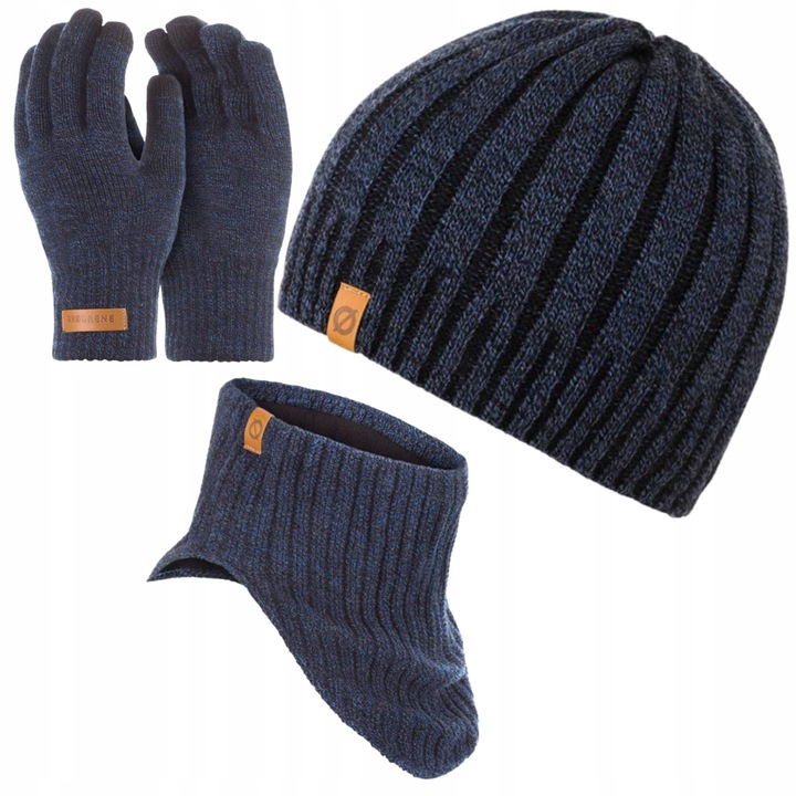 Set caciula cu fular si manusi barbati Brodrene, Acril, Albastru inchis