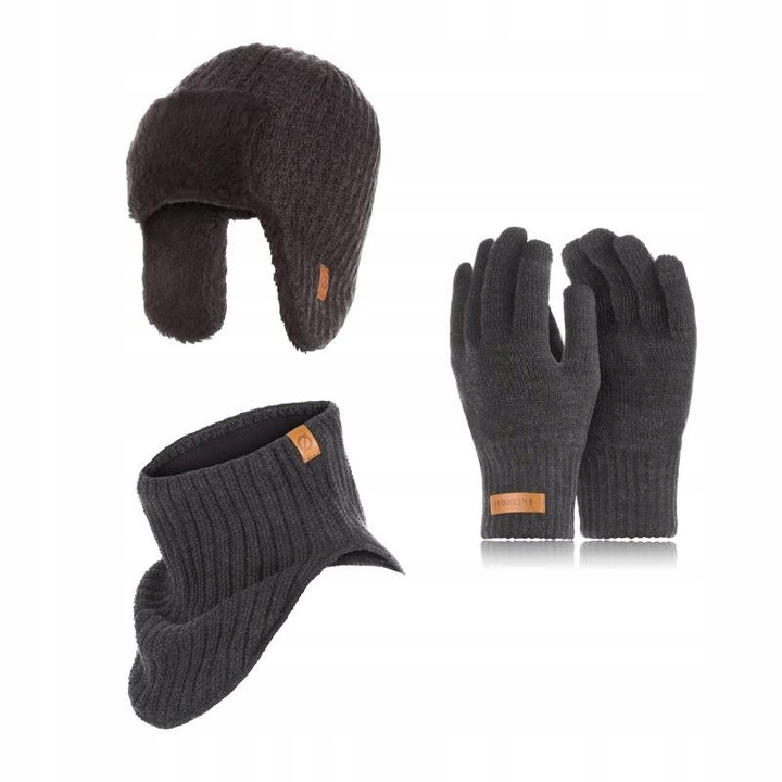 Set 3 in 1 barbati, Brodrene, Caciula + fular tip guler + manusi, Acril, Circumferinta 56-60 cm, Gri inchis