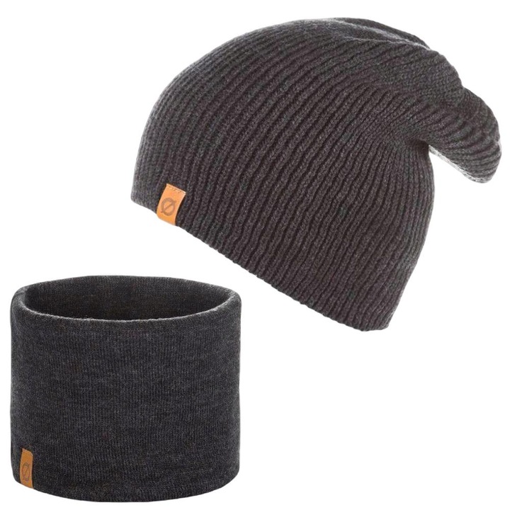 Set caciula + fular tip guler barbati, Brodrene, Acril, Circumferinta 56-60 cm, Fular 27 x 26 cm, Gri inchis