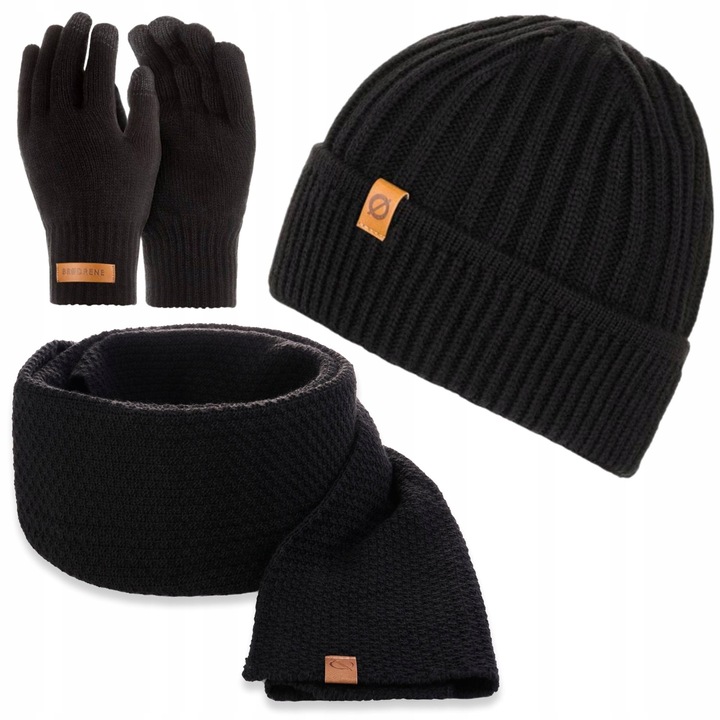 Set caciula, manusi si fular barbati, Brodrene, Acril, Dimensiune universala, Negru