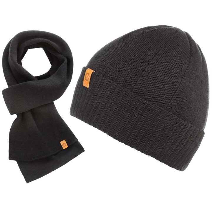 Set caciula + fular barbati, Brodrene, Acril, Circumferinta 56-60 cm, Fular 150 x 40 cm, Negru