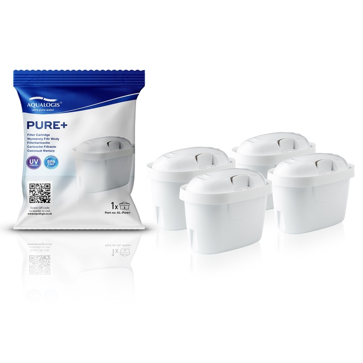 Set 4 filtre de apa Aqualogis Pure+, 200 L – compatibile cu Aqualogis, Brita, Wessper si Laica, reduc clorul si impuritatile, imbunatatesc gustul apei potabile, filtrare eficienta pentru uz zilnic