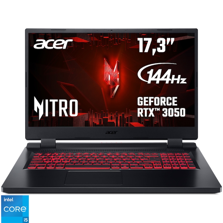 Acer Nitro 5 AN517-55 17.3" FullHD 144Hz Gaming laptop, Intel® Core™ i5-12500H, 8GB, 512GB SSD, Nvidia GeForce RTX 3050 4GB GDDR6, NoOS, Nemzetközi angol billentyűzet, Fekete