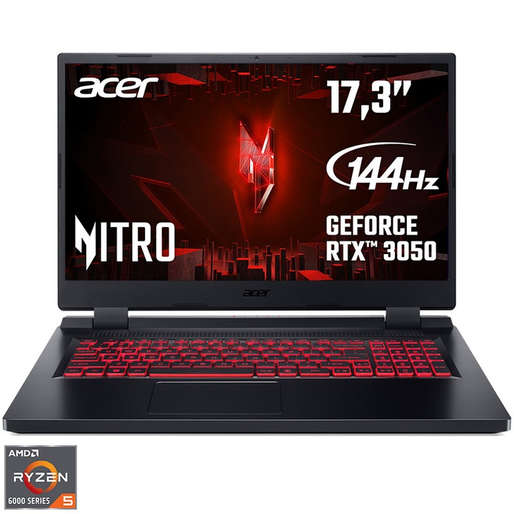 Лаптоп Gaming Acer Nitro 5 AN517-42, AMD Ryzen™ 5 6600H, 17,3", Full HD, 144Hz, RAM 8GB, 512GB SSD, NVIDIA® GeForce® RTX™ 3050 4GB, NO OS, Black