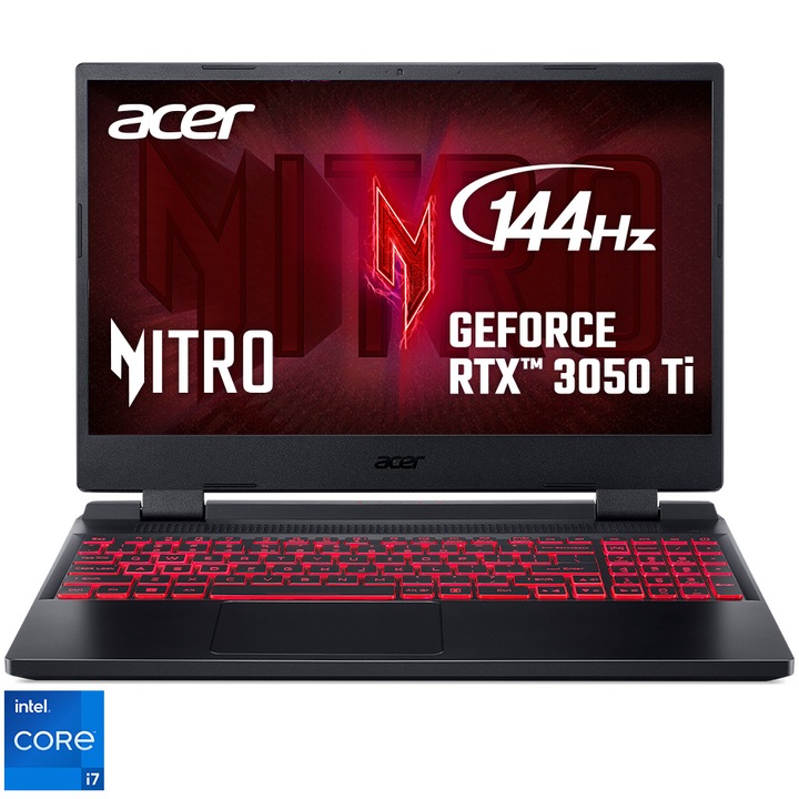 Acer Nitro 5 AN515-58 15.6" FullHD 144Hz Gaming laptop, Intel® Core™ i7-12700H, 16GB, 512GB SSD, Nvidia GeForce RTX 3050 Ti 4GB, NoOS, Nemzetközi angol billentyűzet, Fekete