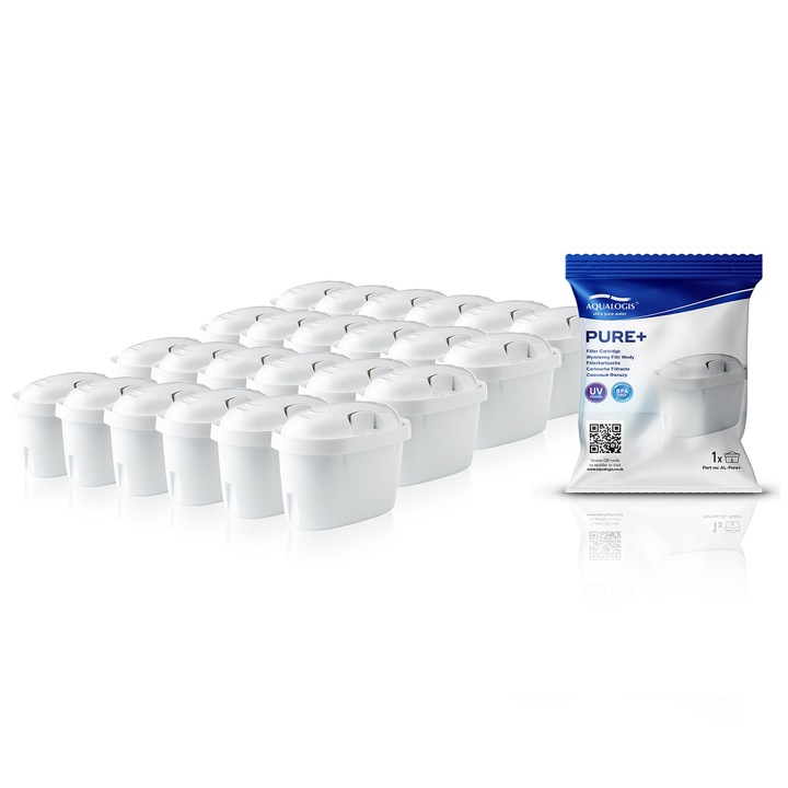 Set 24 filtre de apa Aqualogis Pure+ – compatibile cu Aqualogis, Brita, Wessper, Laica, capacitate 200 L, reduc gustul si mirosul de clor, imbunatatesc calitatea apei potabile, montare usoara