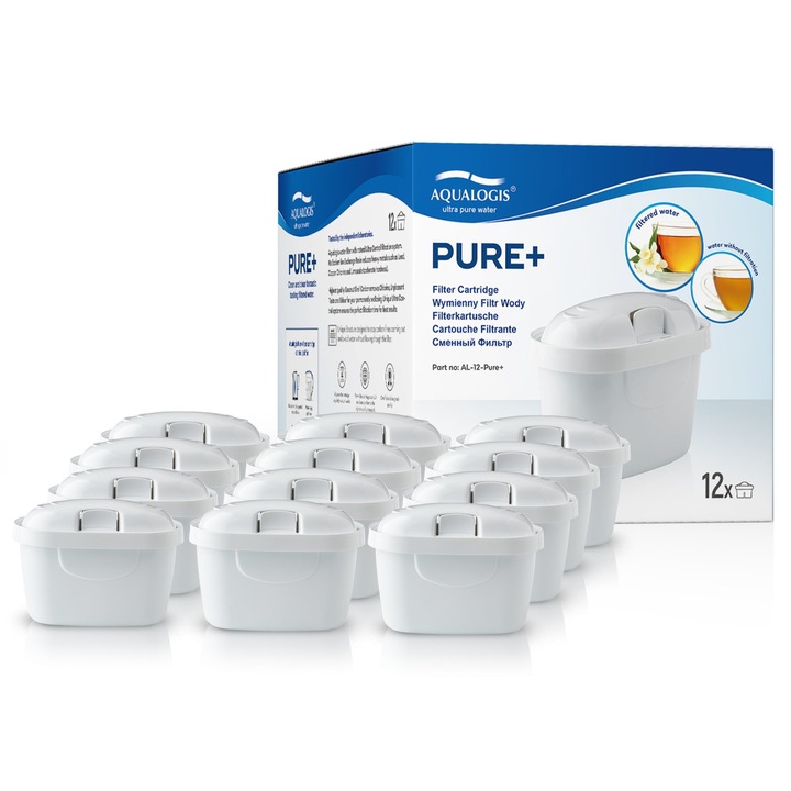 Set 12 filtre de apa Aqualogis Pure+ – compatibil cu Aqualogis, Brita, Wessper, Laica, capacitate 200L, reduce clorul, imbunatateste gustul, ideal pentru cani filtrante, instalare rapida