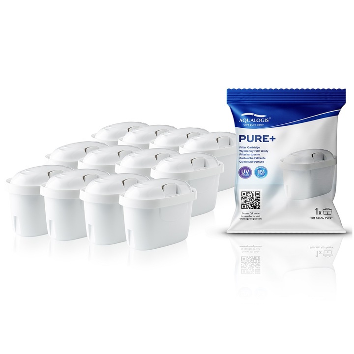 Név: Aqualogis Pure+ 12 db vízszűrő készlet – kompatibilis a Brita, Dafi, Aquaphor szűrőkkel, 150 literes kapacitás, csökkenti a klórt és a szennyeződéseket, javítja az ízt, ideális szűrőkancsókhoz