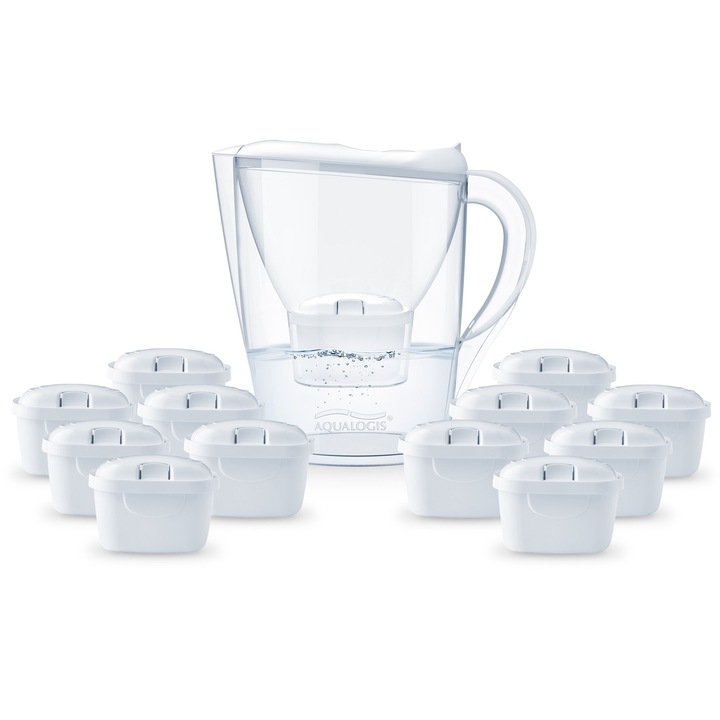 Set cana filtranta Aqualogis Harmony 2.6L + 12 filtre – culoare alba, material plastic, reduce clorul, imbunatateste gustul apei, capacitate mare, design ergonomic, ideal pentru uz zilnic