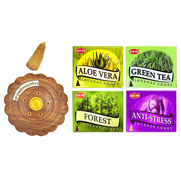 Set conuri parfumate Anti-stres 4 buc, suport si con Palo Santo, e-palosanto, aromaterapie