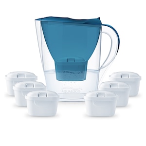 Set cana filtranta Aqualogis Harmony 2.6 L cu 6 filtre Pure+, Albastru, plastic fara BPA, capac flip-top, contor schimbare filtru, gust placut, apa curata, compatibil Brita Maxtra/Plus/Dafi/Laica