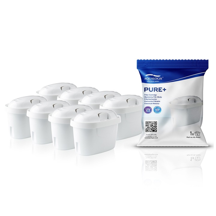Set 8 filtre de apa Aqualogis Pure+, 200 L – compatibile cu Aqualogis, Brita, Wessper si Laica, reduc clorul si impuritatile, imbunatatesc gustul apei potabile, filtrare eficienta pentru uz zilnic