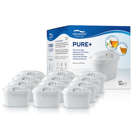 Set 12 filtre pentru apa, Aqualogis, Pure +, Compatibil cu Brita/Dafi/Aquaphor, 150 L