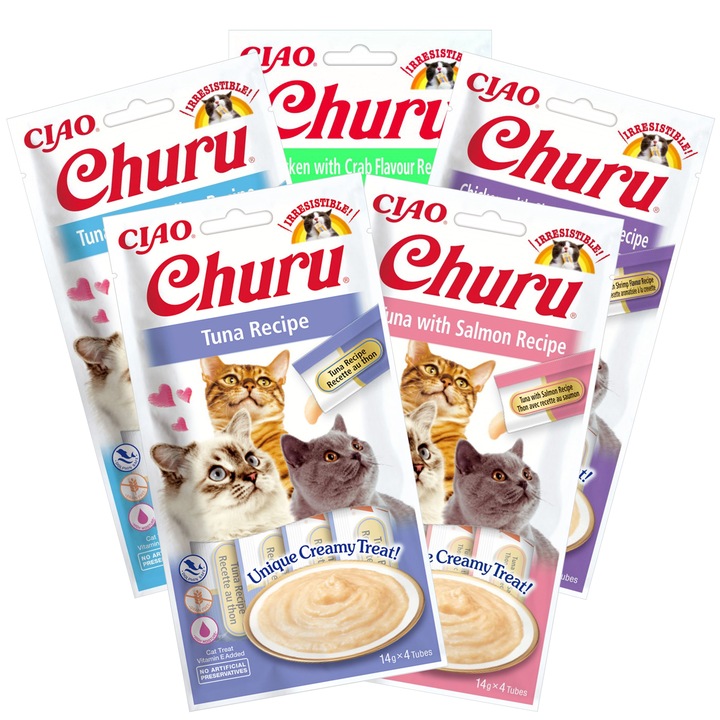 Pachet Recompense pentru pisici INABA Ciao, Churu Piure, 5 Retete mixte ...