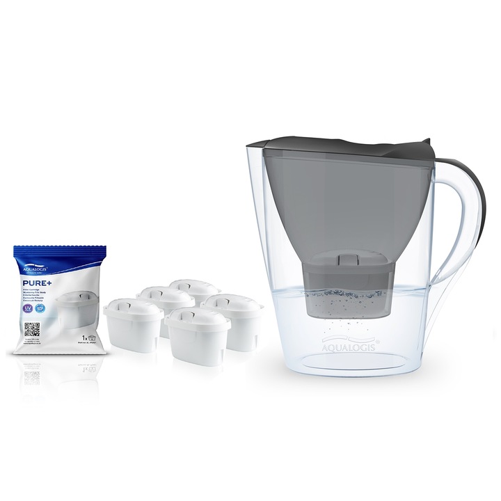 Set cana filtranta Aqualogis Harmony, 2.6 L, cu 5 filtre Pure+, culoare Grafit, plastic fara BPA, capac cu deschidere automata ideala pentru apa curata si gust placut