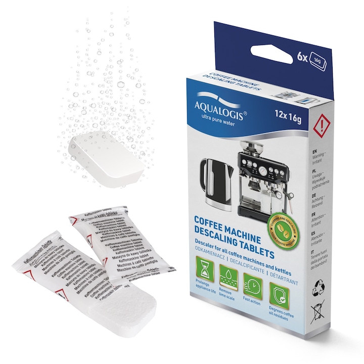 Tablete decalcifiere pentru espressoare, Aqualogis, 12 bucati, Compatibilitate universala cu Philips, DeLonghi, Krups, Saeco, Jura, Bosch, elimina calcarul, intretinere usoara si eficienta a aparatului