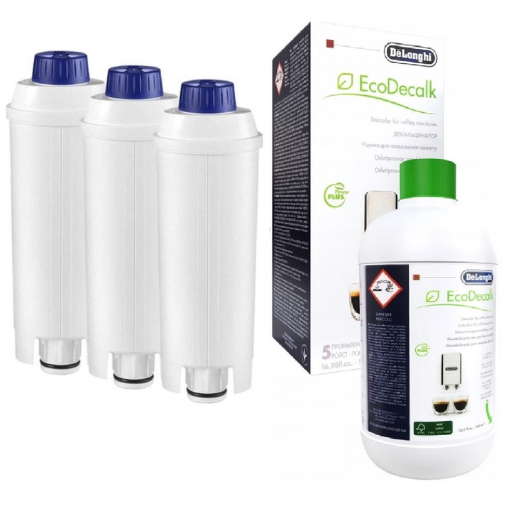 Kit intretinere espressor, DeLonghi, 3 x Filtru apa Aqualogis AL-S002, Solutie decalcifiere EcoDecalc 500 ml