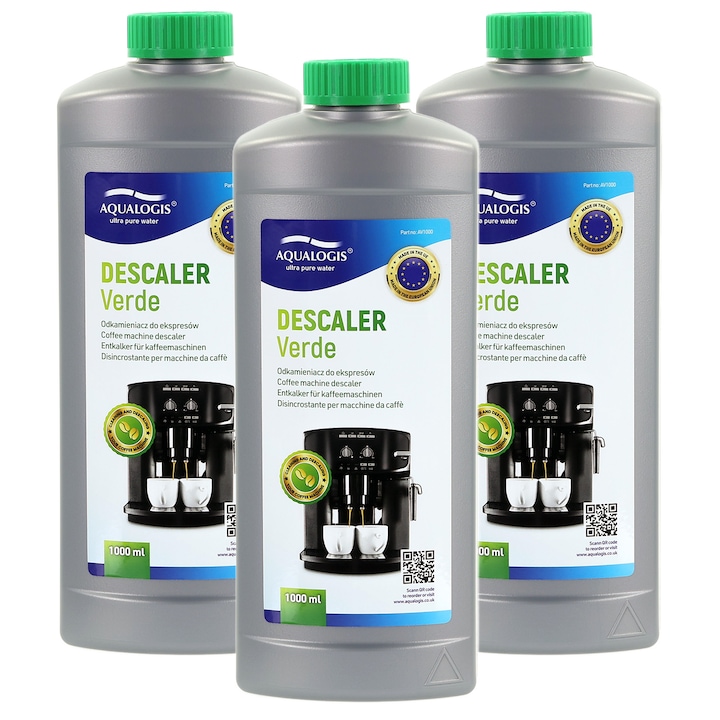 Set 3 solutii decalcifiere pentru espressor automat/manual, Aqualogis Verde, universal compatibil, fiecare flacon 750 ml, curata depuneri de calcar, prelungeste durata aparatului