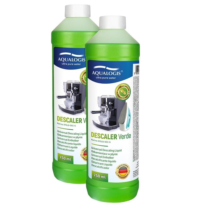 Комплект декалцифициращ разтвор за еспресо машини Aqualogis Green, Универсална съвместимост, 2 броя