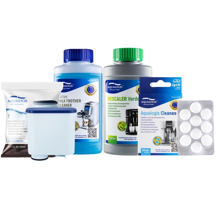Kit de intretinere pentru espressoare Philips/Saeco – Aqualogis, Filtru apa AL-Clean, Tablete curatare Cleaneo, Detartrant Verde 250 ml, Solutie curatare sistem lapte Latteo 250 ml, intretinere completa