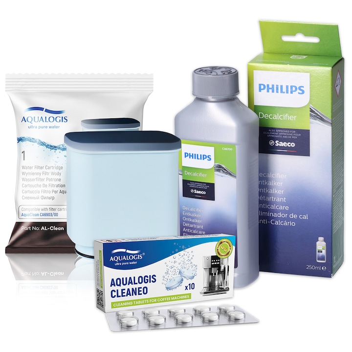 Kit intretinere espressor Philips – filtru Aqualogis AL-Clean + tablete curatare Cleaneo + solutie decalcifiere CA6700/10 250ml, compatibil AquaClean, protectie completa