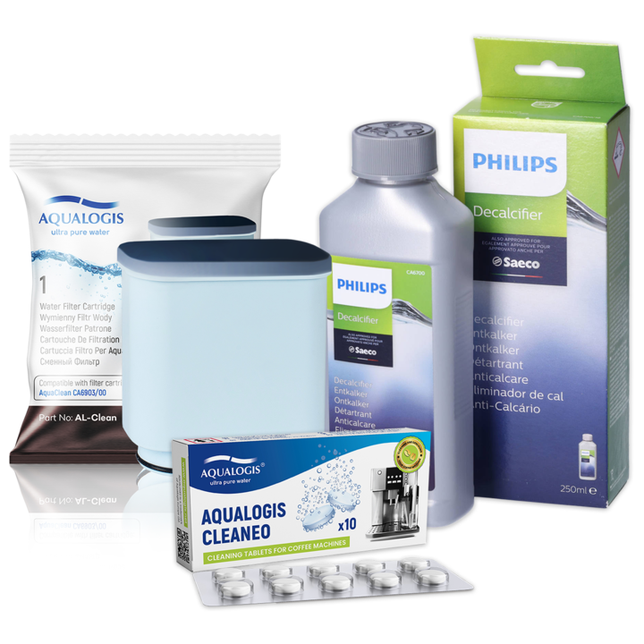 Kit de intretinere pentru espressor, Philips, CA6700/10, Filtru Aqualogis AL-Clean, Tablete curatare Cleaneo, Solutie decalcifiere 250 ml