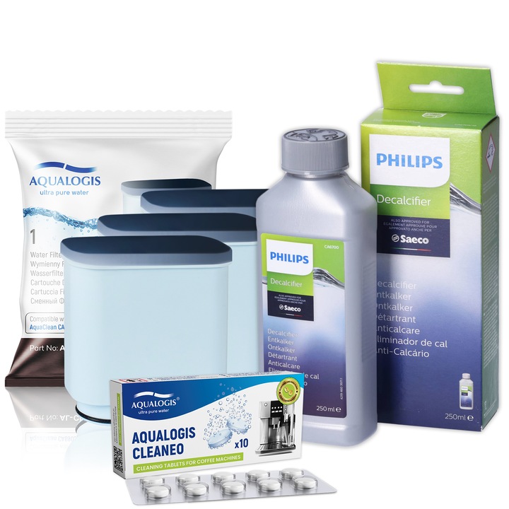 Kit de intretinere pentru espressor, Aqualogis, CA6700/10, 3 x Filtru AL-Clean, Tablete Cleaneo, Detartrant Philips 250 ml