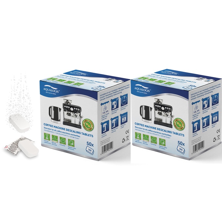 Tablete decalcifiere pentru espressoare Aqualogis Decalc – compatibilitate universala, set 2 x 50 bucati, indeparteaza eficient depunerile de calcar, protejeaza aparatul, prelungeste durata de viata si mentine gustul perfect al cafelei