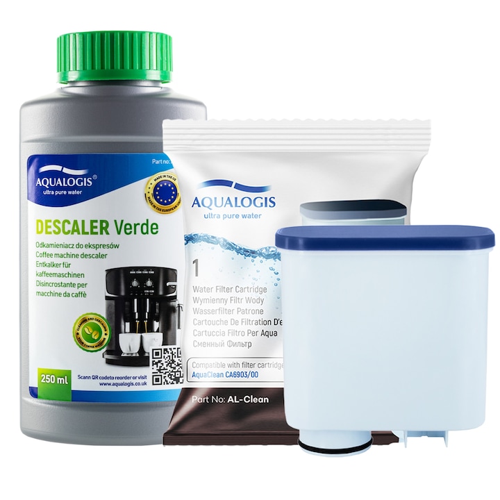 Kit de intretinere pentru espressoare Philips/Saeco, Aqualogis, Filtru AL-Clean compatibil AquaClean CA6903, Solutie decalcifiere Verde 750 ml, reduce calcarul, prelungeste durata de viata a aparatului