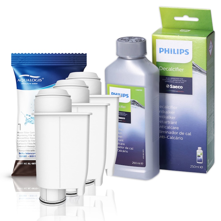 Kit de intretinere pentru espressor Philips – 3 x Filtru apa Aqualogis AL-Inte+, Solutie decalcifiere 250 ml, compatibilitate larga, protectie anti-calcar, imbunatatirea gustului cafelei si intretinere completa