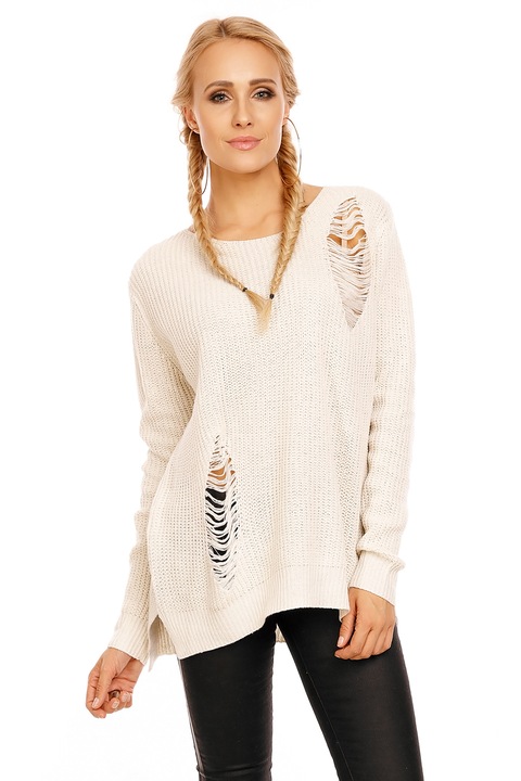 Pulover cu decolteu barcuta si taieturi decorative, Crem, One Size