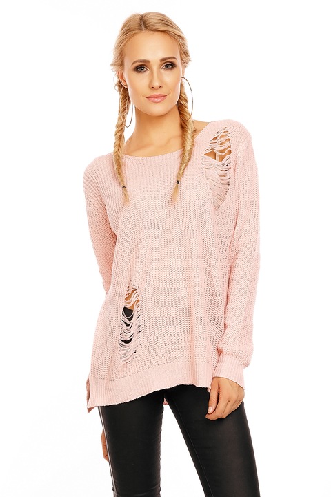 Pulover cu decolteu barcuta si taieturi decorative, Roz, One Size