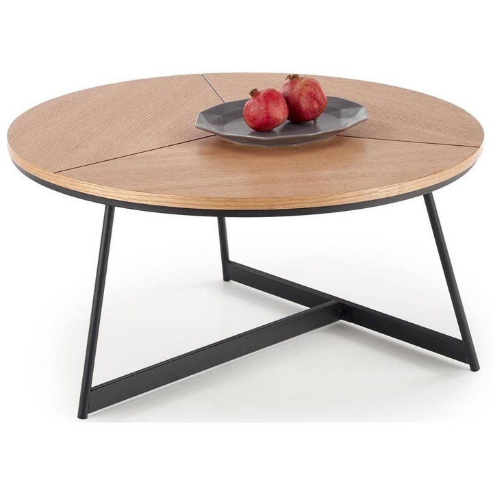 Masuta de cafea rotunda cu blat din aspect de lemn si cu picioare negre, still retro/industrial Karida