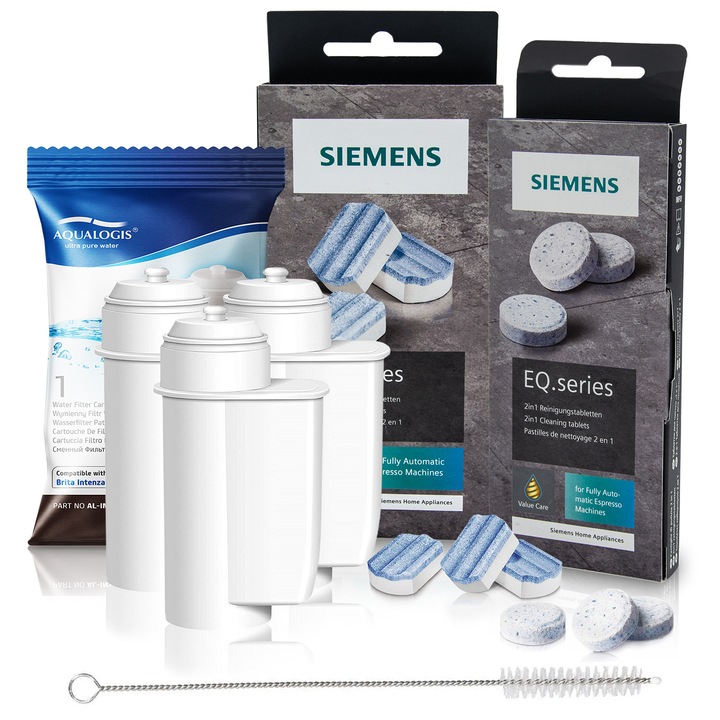 Kit intretinere pentru espressoare Siemens/Bosch – Siemens, 3 x Filtru apa Aqualogis AL-Inte, Perie curatare AQ-434, tablete decalcifiere si tablete curatare, compatibilitate extinsa, protectie anti-calcar si intretinere completa