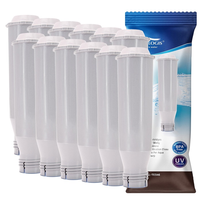 Set 12 filtre de apa pentru espressoare – Aqualogis AL-TES46, compatibilitate multipla, culoare alba, reduc calcarul, imbunatatesc gustul cafelei, montare rapida si utilizare de pana la 2 luni per filtru