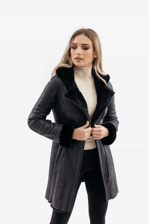 Palton din blana naturala, model Emilia Napalan, Negru