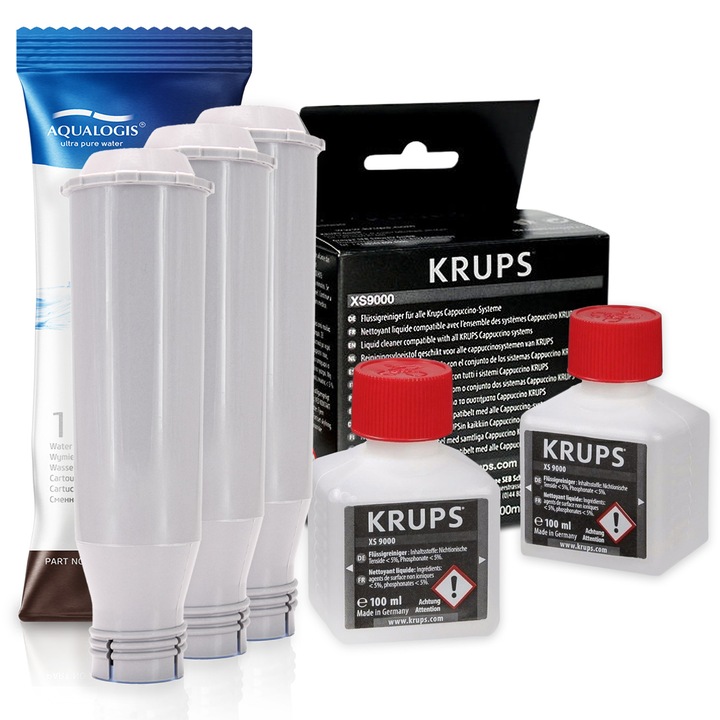 Kit de intretinere espressor – Aqualogis, 3x filtru AL-TEs46, 2x solutie de curatare Krups XS9000 cate 100 ml, compatibilitate extinsa cu aparate Krups, protectie impotriva calcarului, curatare temeinica, gust perfect al cafelei