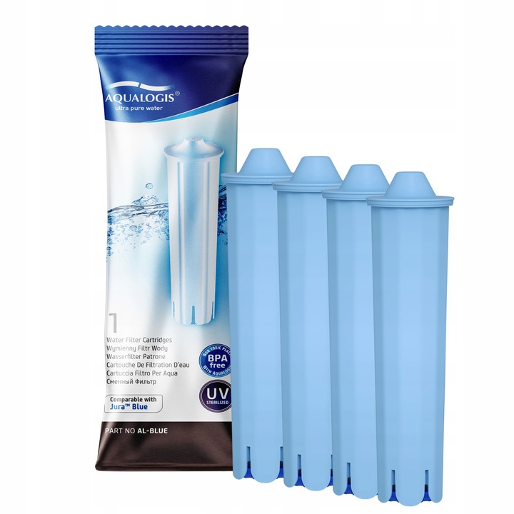 Set 4 filtre de apa pentru espressoare Jura, Aqualogis, AL-Blue, 50 L, Albastru