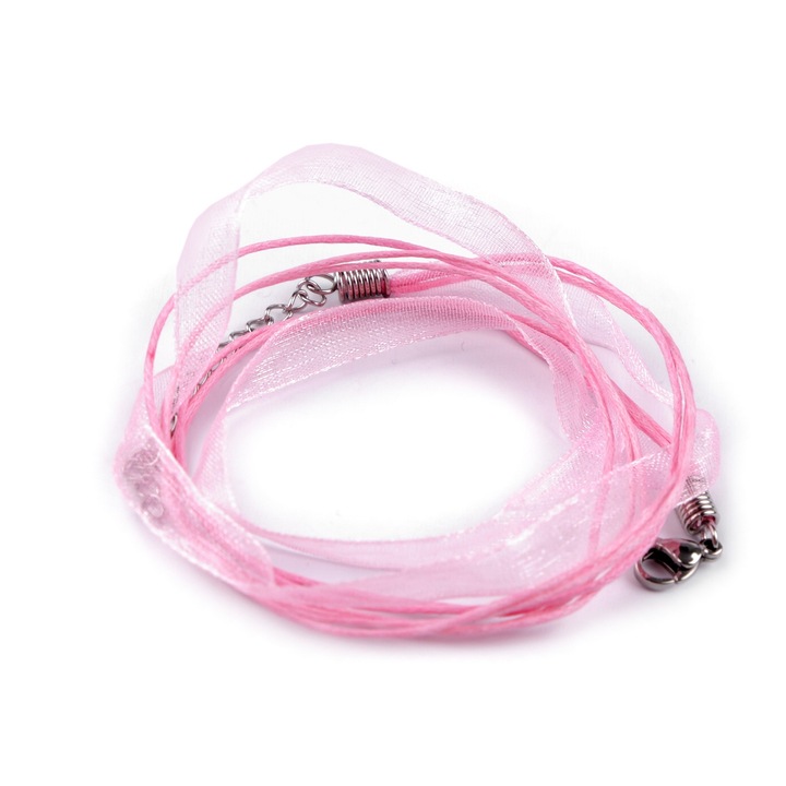 Baza colier organza cu snur cerat Crisalida, 43 cm, Roz deschis