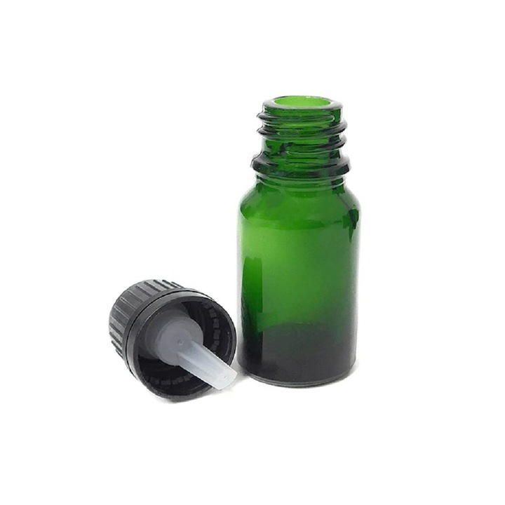Vastag üveg kozmetikai tartály cseppentő mechanizmussal és zárókupakkal illóolajokhoz, szérumokhoz, keverékekhez, tinktúrákhoz, DROPY® 5 ml, zöld