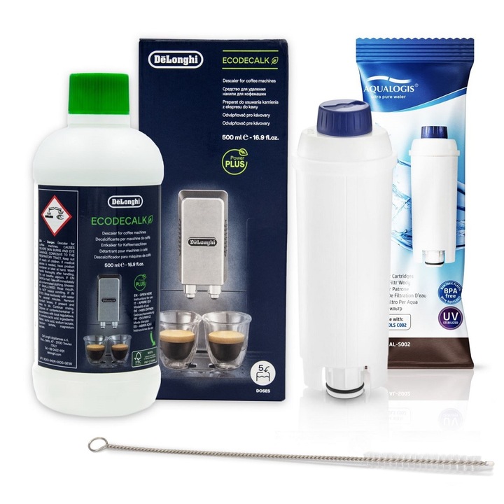 Kit intretinere espressor DeLonghi – 1x filtru apa Aqualogis AL-S002 + solutie decalcifiere EcoDecalk 500ml + perie curatare AQ-434 curatare completa, protectie anti-calcar, compatibil ECAM ETAM ESAM