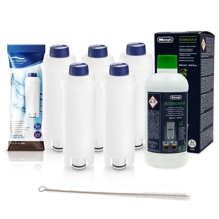 Kit intretinere espressor DeLonghi – 5 x Filtru apa Aqualogis AL-S002, Solutie decalcifiere EcoDecalc 500 ml, Perie curatare AQ-434, protectie anti-calcar, curatare completa si mentinerea gustului optim al cafelei