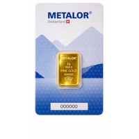 Lingou aur, Metalor, 24 K, 2 g, puritate 999.9 ‰