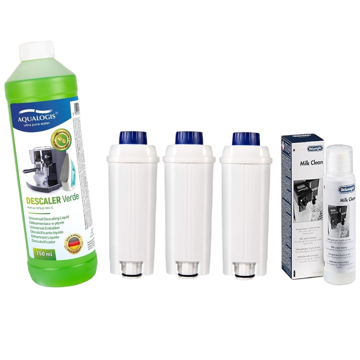 Kit intretinere pentru espressor Delonghi, Aqualogis, 3 x Filtru apa AL-S002, Solutie Verde 750 ml, Solutie Milk Clean Delonghi 250 ml