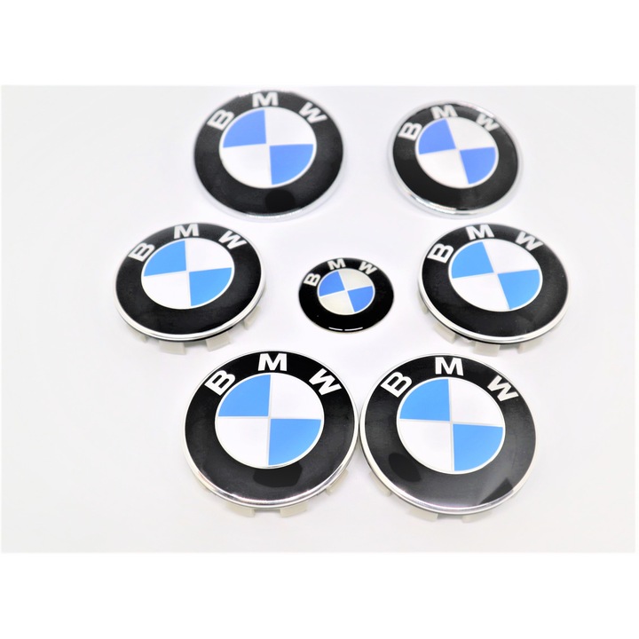 Set embleme BMW 7 piese, alb-albastru, capota/portbagaj 82 mm, capace jante 68 mm, sigla volan 44 mm, Bmw Seria 1,5,6,7, X1, X3, X5, X6, E60, F10, F12
