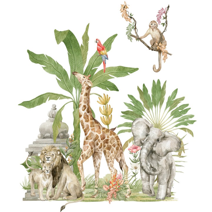 Sticker Autocolant Perete, Animalele Junglei, Safari, Elefant, Girafa, Lei, Papagal, Maimuta, 60x90 cm, Aida HER®